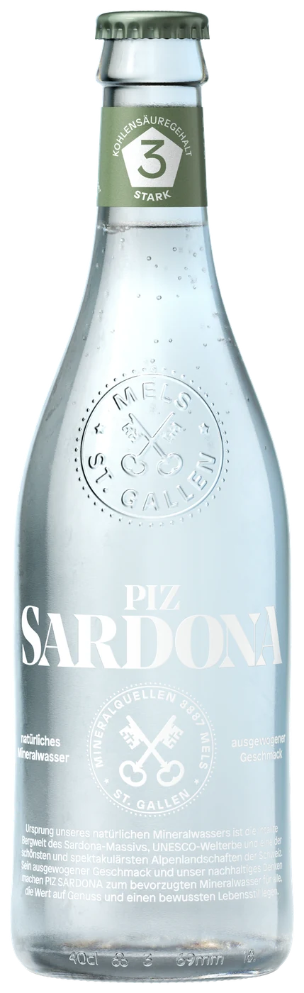 Piz Sardona Glas 40cl, Kohlensäuregehalt 3